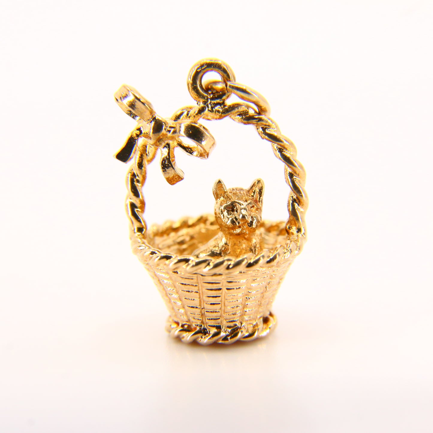 Vintage 9ct Kitten in Basket Charm Hallmarked Solid Yellow Gold Cat Pendant Gift