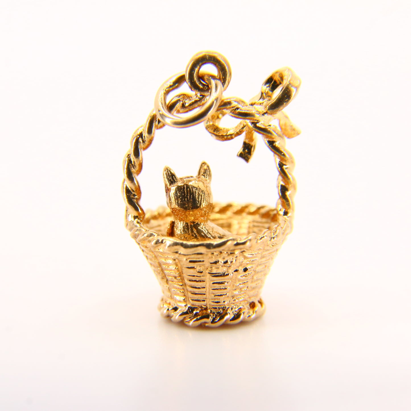 Vintage 9ct Kitten in Basket Charm Hallmarked Solid Yellow Gold Cat Pendant Gift