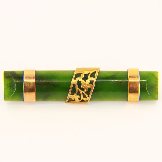 Antique 9ct Flower New Zealand Nephrite Jade Bar Brooch 9 Carat Gold Mounted