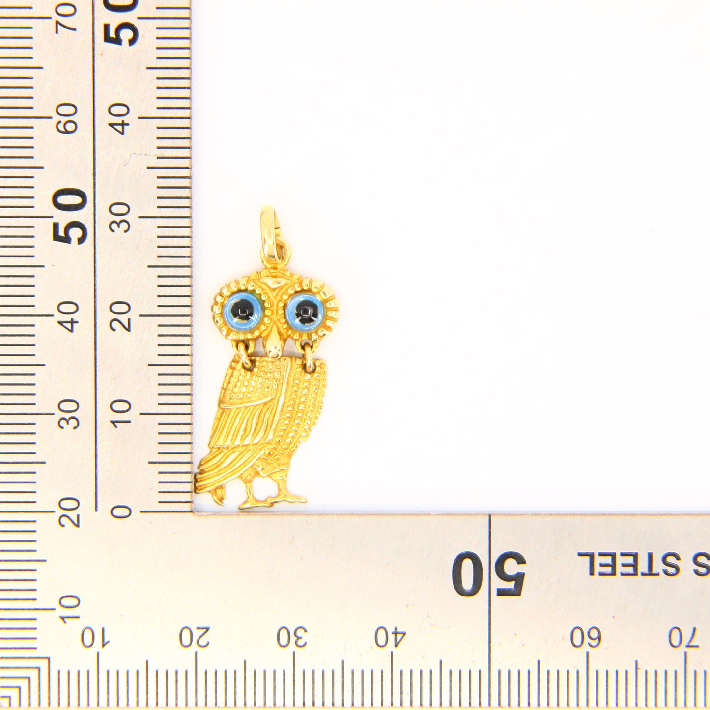 Vintage 14K Owl Pendant Solid Yellow Gold Animal Charm Blue Eyed Bird Gift