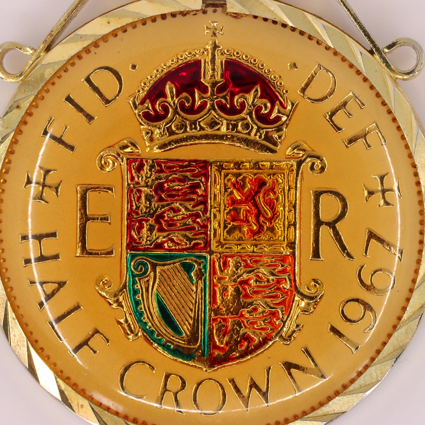 Vintage 1967 Half Crown Elizabeth II Enamel Hand Painted Cupronickel Pendant