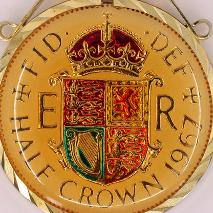 Vintage 1967 Half Crown Elizabeth II Enamel Hand Painted Cupronickel Pendant