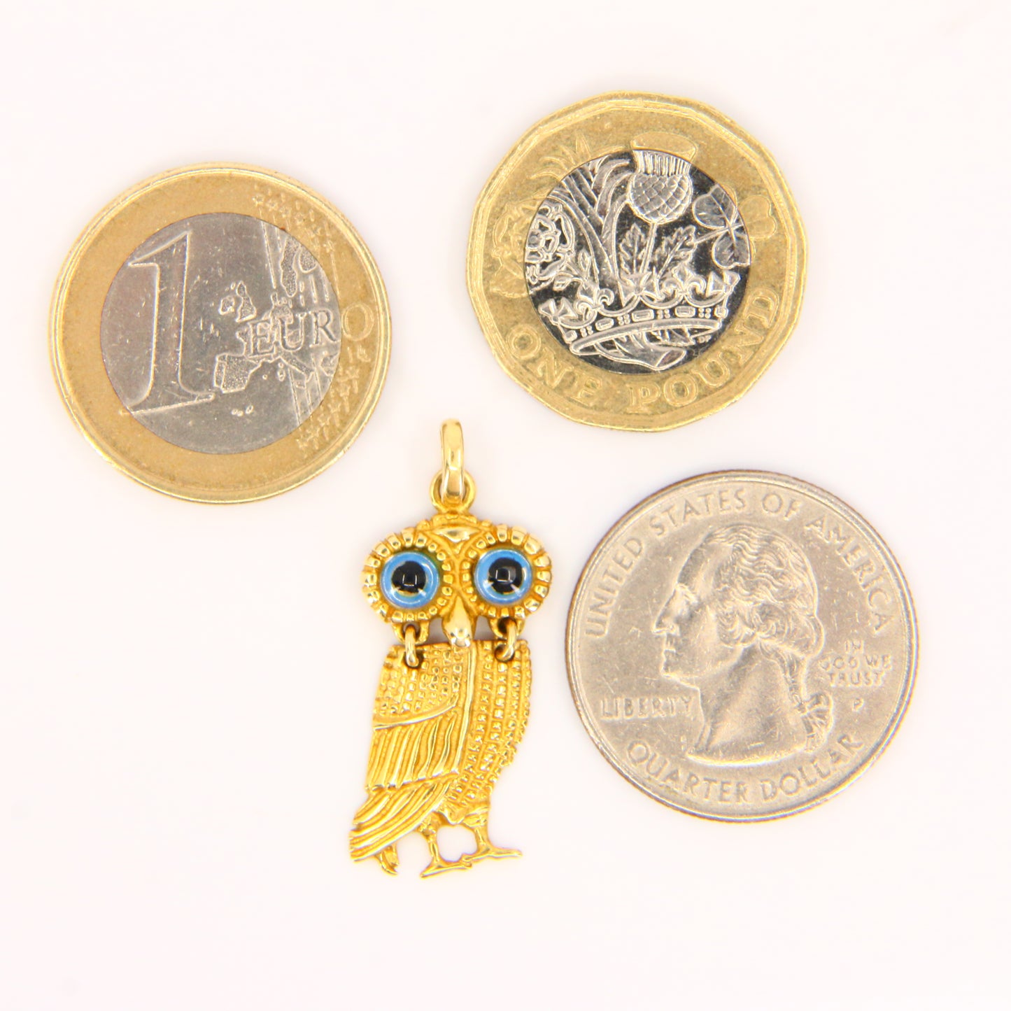 Vintage 14K Owl Pendant Solid Yellow Gold Animal Charm Blue Eyed Bird Gift