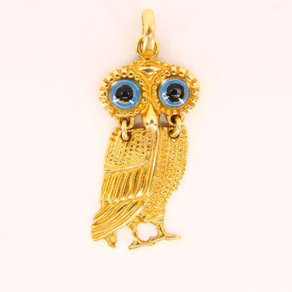 Vintage 14K Owl Pendant Solid Yellow Gold Animal Charm Blue Eyed Bird Gift