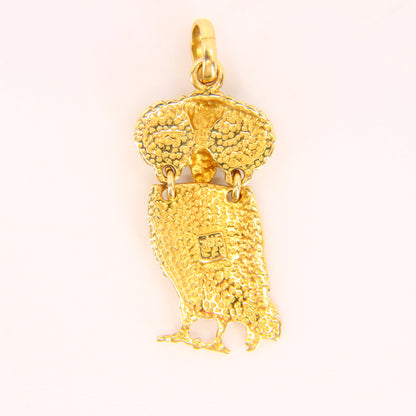 Vintage 14K Owl Pendant Solid Yellow Gold Animal Charm Blue Eyed Bird Gift