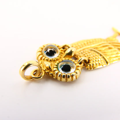 Vintage 14K Owl Pendant Solid Yellow Gold Animal Charm Blue Eyed Bird Gift