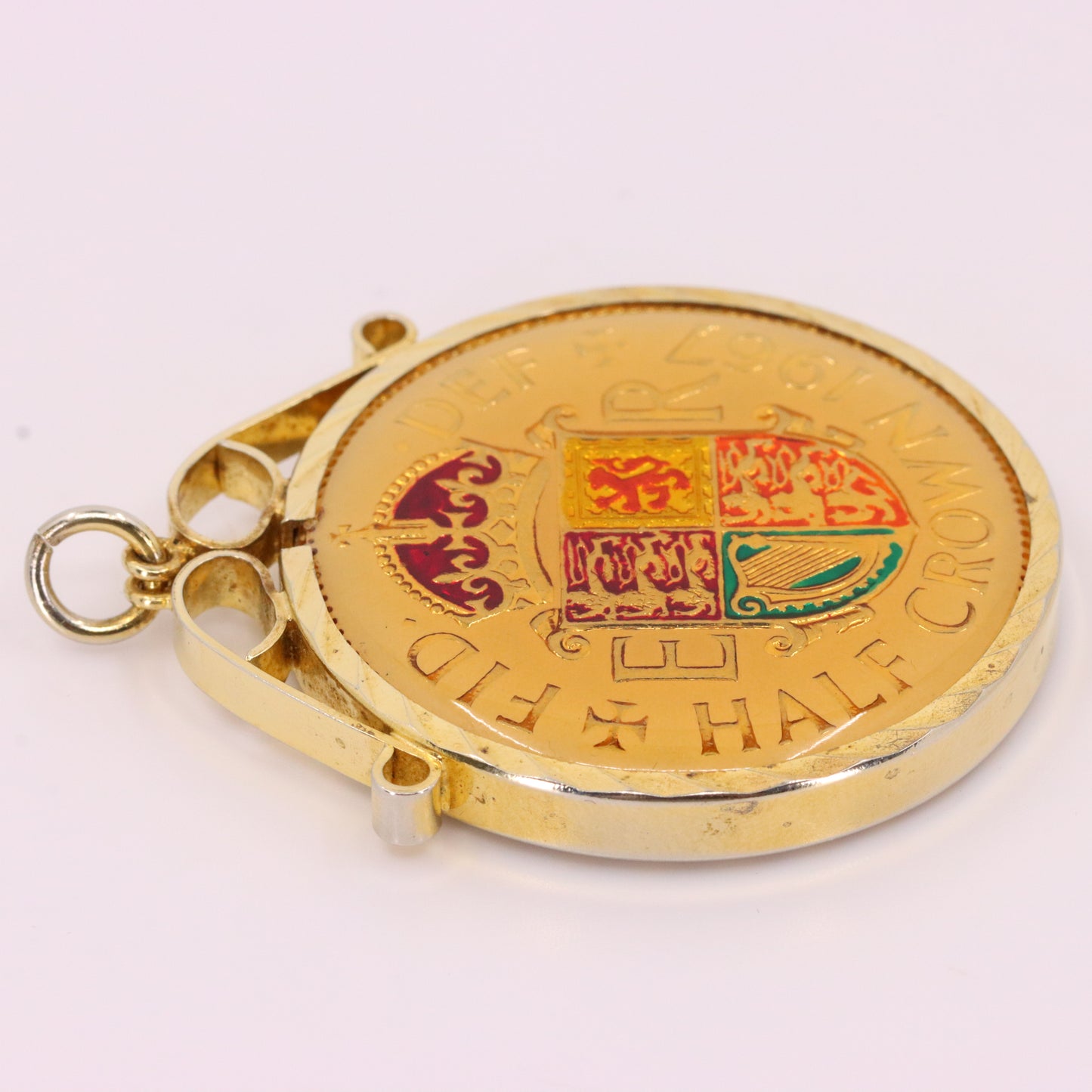 Vintage 1967 Half Crown Elizabeth II Enamel Hand Painted Cupronickel Pendant