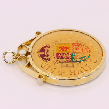 Vintage 1967 Half Crown Elizabeth II Enamel Hand Painted Cupronickel Pendant