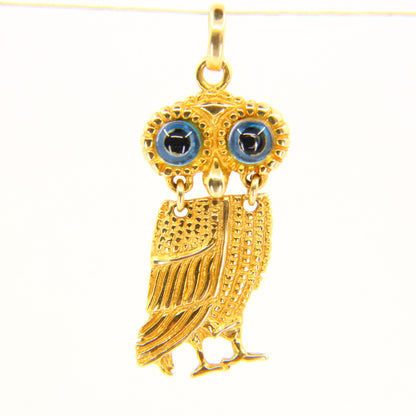 Vintage 14K Owl Pendant Solid Yellow Gold Animal Charm Blue Eyed Bird Gift