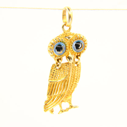 Vintage 14K Owl Pendant Solid Yellow Gold Animal Charm Blue Eyed Bird Gift