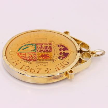 Vintage 1967 Half Crown Elizabeth II Enamel Hand Painted Cupronickel Pendant