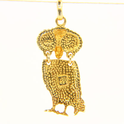 Vintage 14K Owl Pendant Solid Yellow Gold Animal Charm Blue Eyed Bird Gift