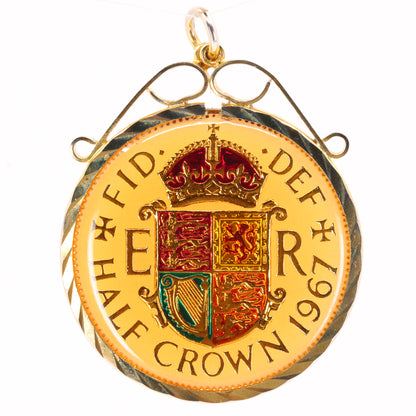 Vintage 1967 Half Crown Elizabeth II Enamel Hand Painted Cupronickel Pendant