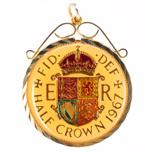 Vintage 1967 Half Crown Elizabeth II Enamel Hand Painted Cupronickel Pendant