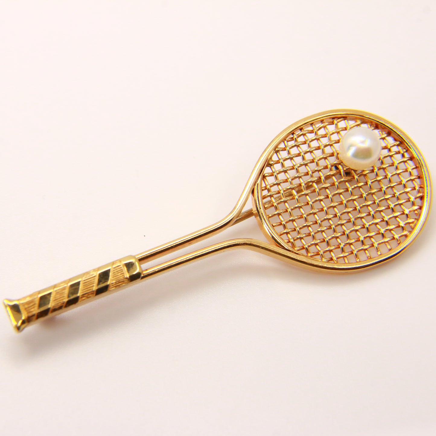 Vintage 9ct Tennis Brooch Pearl set Ball 9 Carat Tennis Racket Brooch Fine Gold