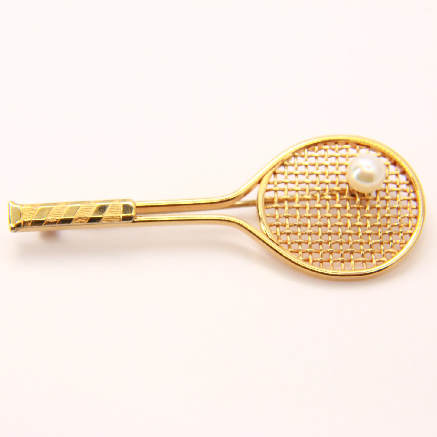 Vintage 9ct Tennis Brooch Pearl set Ball 9 Carat Tennis Racket Brooch Fine Gold