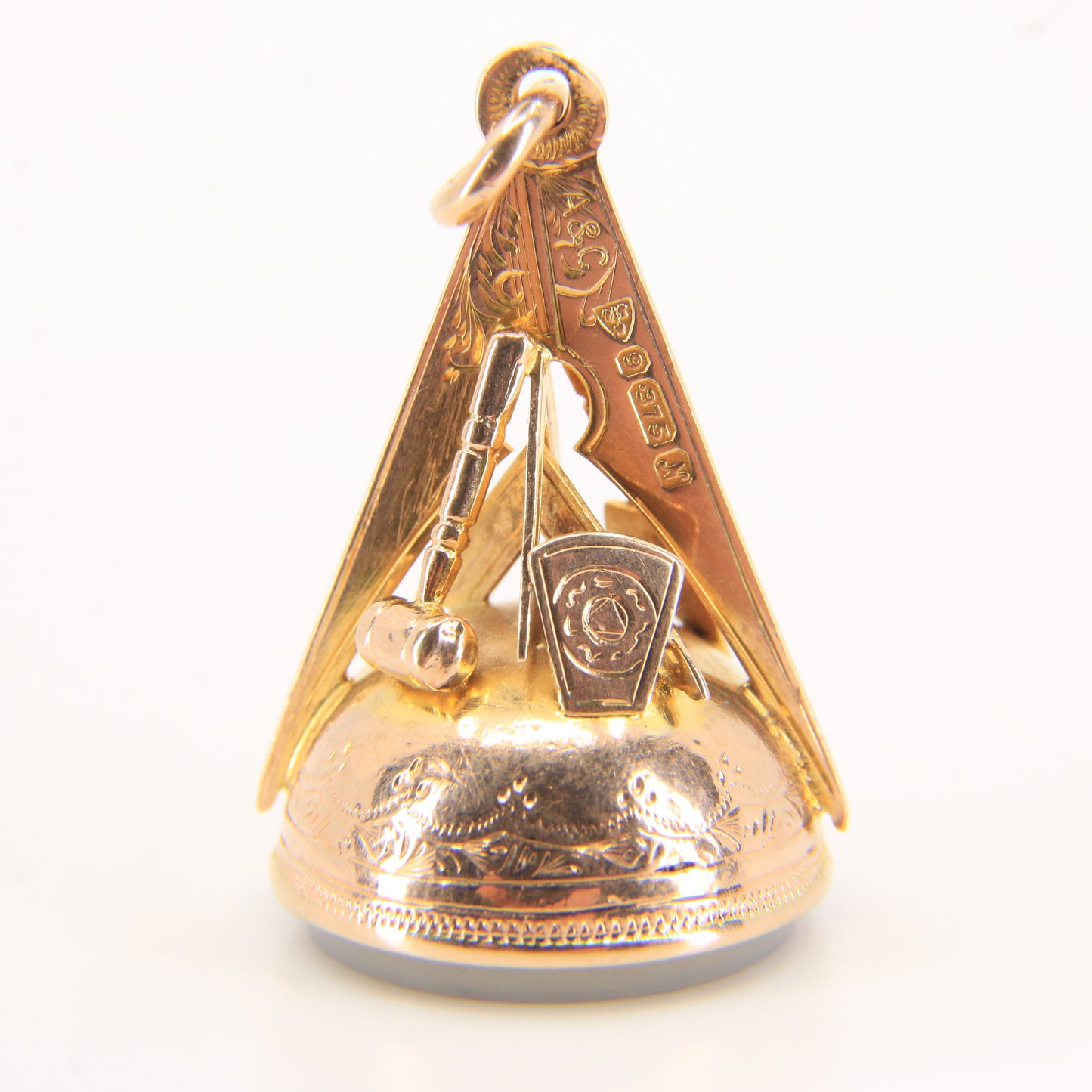 Large 9ct Masonic Chalcedony Keystone Fob Hallmarked Gold Pendant HTWSSTKS