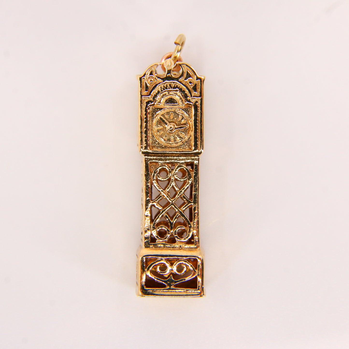 Vintage 9ct Grandfather Clock Pendant Moving Hands Hallmarked Yellow Gold Charm Gift