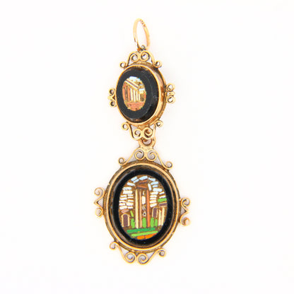 Antique 9ct Miniature Mosaic Enamel Double Pendant & Brooch Set Yellow Gold