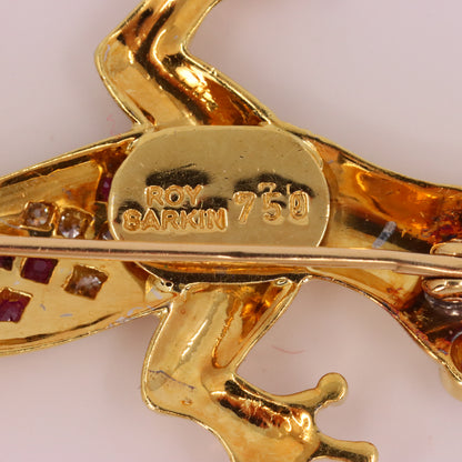 Vintage 18ct Yellow Gold Roy Sarkin Lizard Ruby & Diamond Brooch Boxed Gift