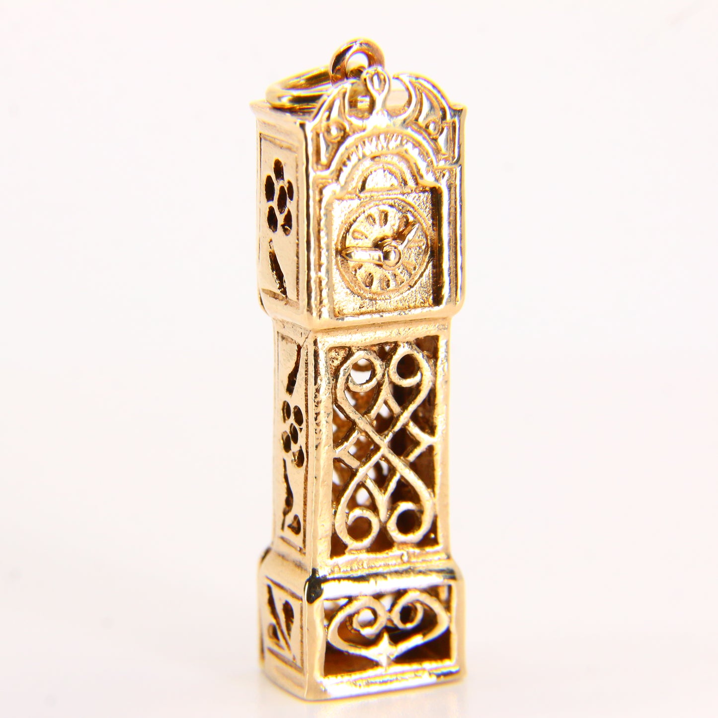 Vintage 9ct Grandfather Clock Pendant Moving Hands Hallmarked Yellow Gold Charm Gift