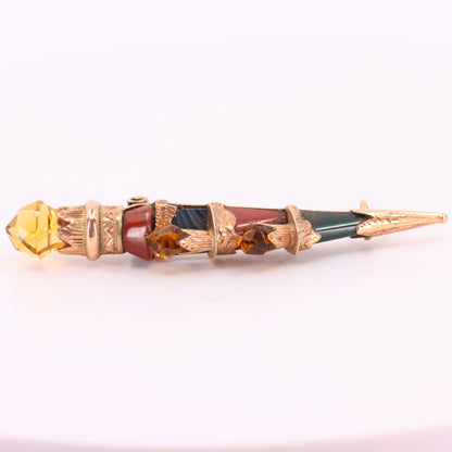 Antique 9ct Gold Scottish Agate Citrine Skean Dhu Brooch Boxed Gift
