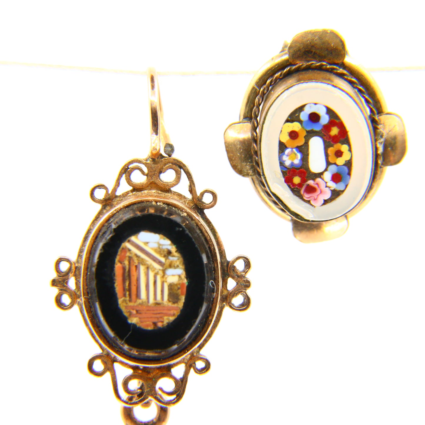 Antique 9ct Miniature Mosaic Enamel Double Pendant & Brooch Set Yellow Gold