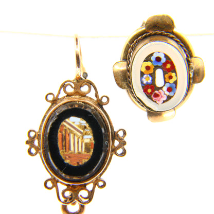 Antique 9ct Miniature Mosaic Enamel Double Pendant & Brooch Set Yellow Gold