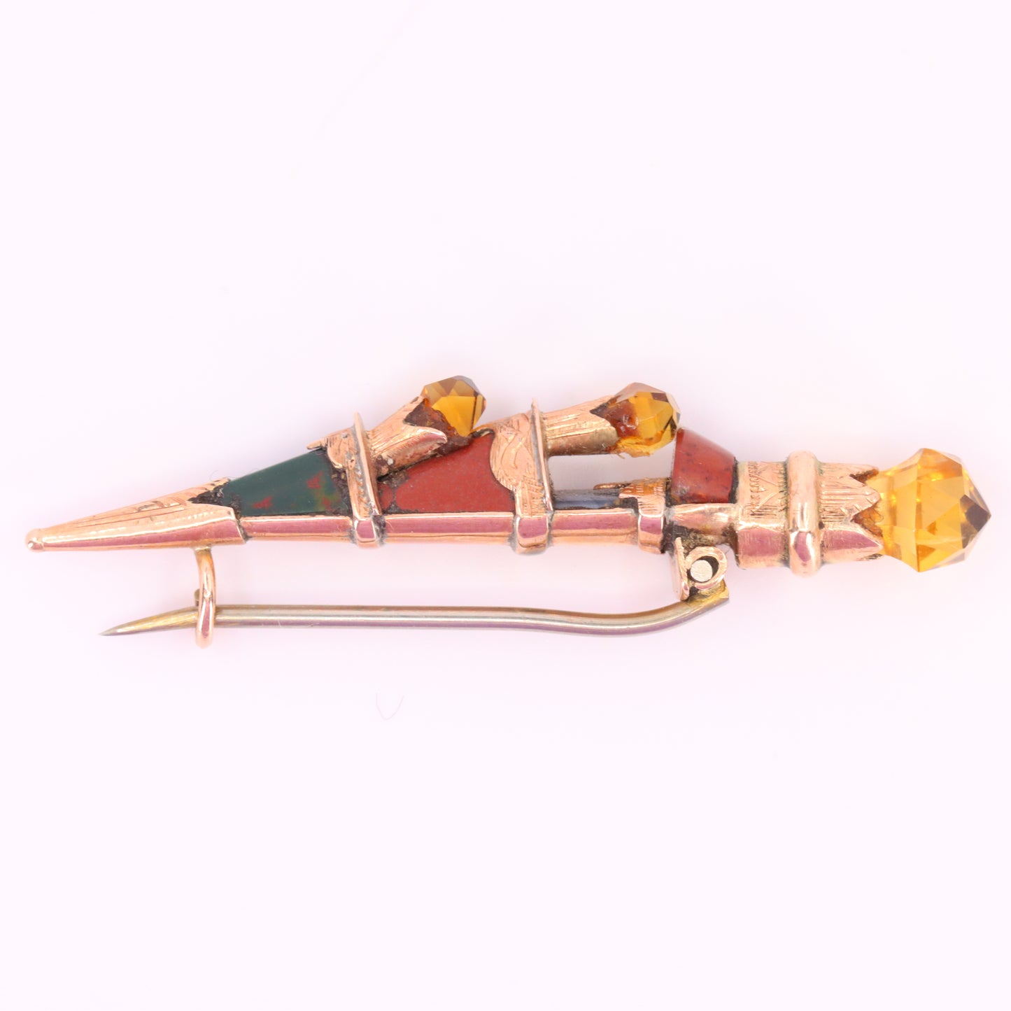 Antique 9ct Gold Scottish Agate Citrine Skean Dhu Brooch Boxed Gift