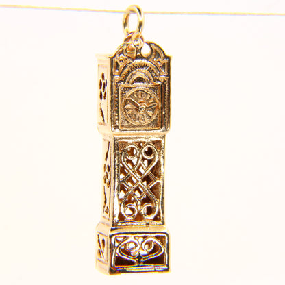 Vintage 9ct Grandfather Clock Pendant Moving Hands Hallmarked Yellow Gold Charm Gift