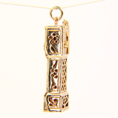 Vintage 9ct Grandfather Clock Pendant Moving Hands Hallmarked Yellow Gold Charm Gift