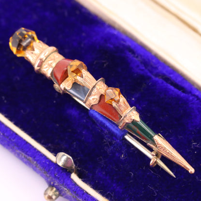 Antique 9ct Gold Scottish Agate Citrine Skean Dhu Brooch Boxed Gift