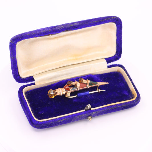 Antique 9ct Gold Scottish Agate Citrine Skean Dhu Brooch Boxed Gift