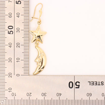 Vintage 9ct Hallmarked Gold Moon Face Star Celestial Dangle Earrings Boxed Gift