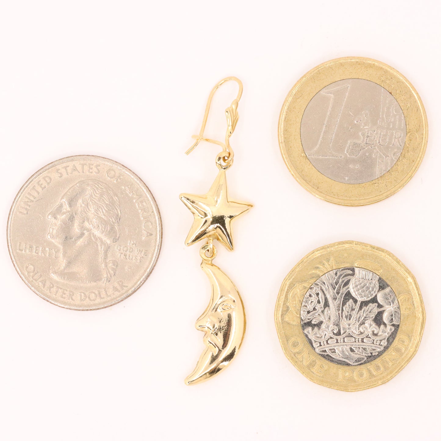 Vintage 9ct Hallmarked Gold Moon Face Star Celestial Dangle Earrings Boxed Gift
