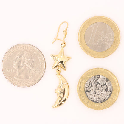 Vintage 9ct Hallmarked Gold Moon Face Star Celestial Dangle Earrings Boxed Gift