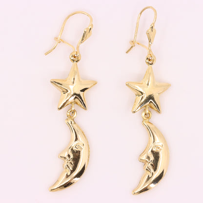 Vintage 9ct Hallmarked Gold Moon Face Star Celestial Dangle Earrings Boxed Gift
