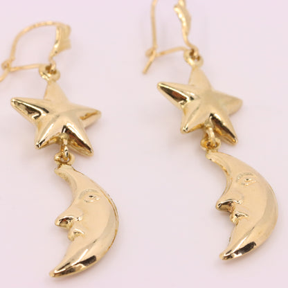 Vintage 9ct Hallmarked Gold Moon Face Star Celestial Dangle Earrings Boxed Gift