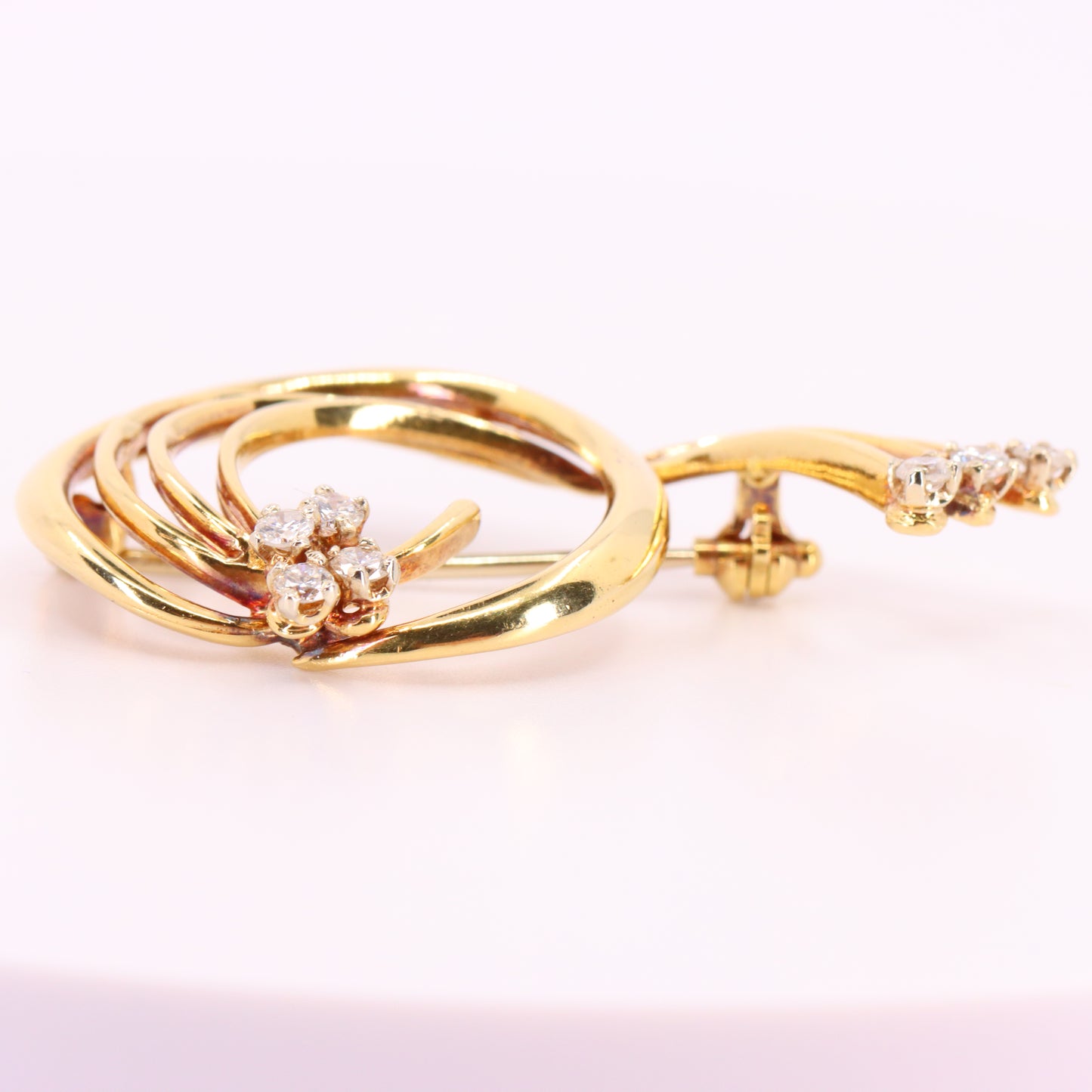 Vintage 18ct Hallmarked Swirl Design Gold Diamond Brooch Solid Yellow Gold