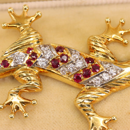 Vintage 18ct Yellow Gold Roy Sarkin Lizard Ruby & Diamond Brooch Boxed Gift