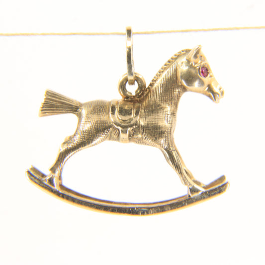 Vintage 9ct Hallmarked Rocking Horse Pendant Charm Ruby Eyes Gold Gift