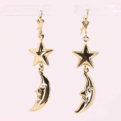 Vintage 9ct Hallmarked Gold Moon Face Star Celestial Dangle Earrings Boxed Gift