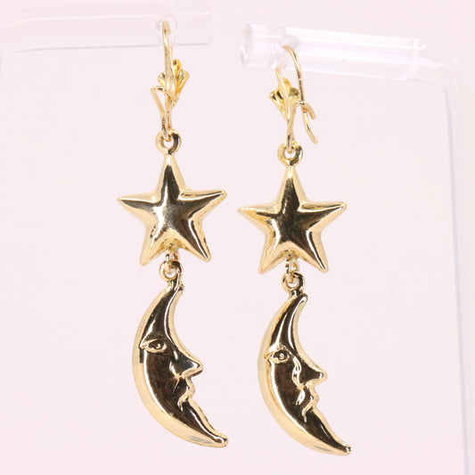 Vintage 9ct Hallmarked Gold Moon Face Star Celestial Dangle Earrings Boxed Gift