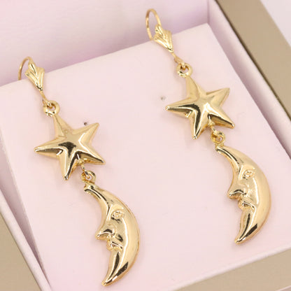 Vintage 9ct Hallmarked Gold Moon Face Star Celestial Dangle Earrings Boxed Gift