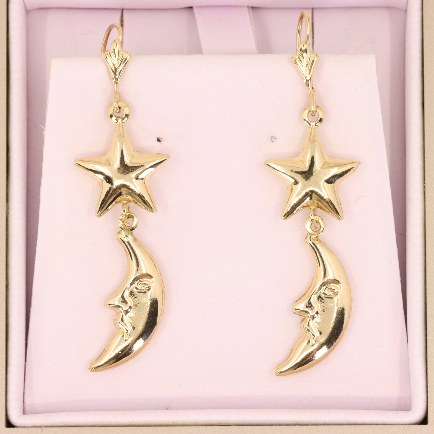 Vintage 9ct Hallmarked Gold Moon Face Star Celestial Dangle Earrings Boxed Gift