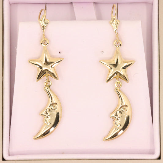 Vintage 9ct Hallmarked Gold Moon Face Star Celestial Dangle Earrings Boxed Gift