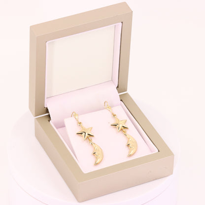Vintage 9ct Hallmarked Gold Moon Face Star Celestial Dangle Earrings Boxed Gift