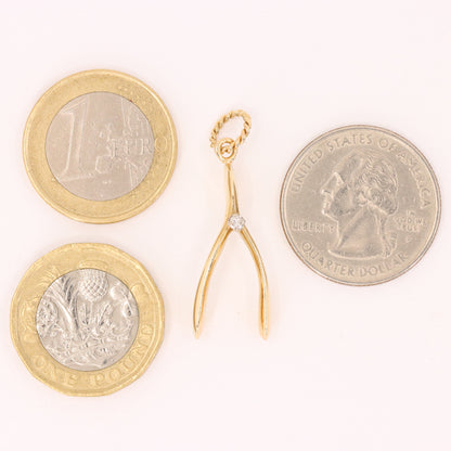 Vintage 9ct Hallmarked Gold Diamond Wishbone Ring Holder Charm Lucky Pendant