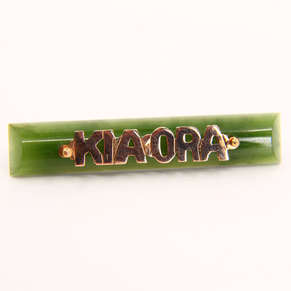 Vintage Kia Ora 9ct Jade Bar Brooch New Zealand Pounamu Yellow Gold NZ