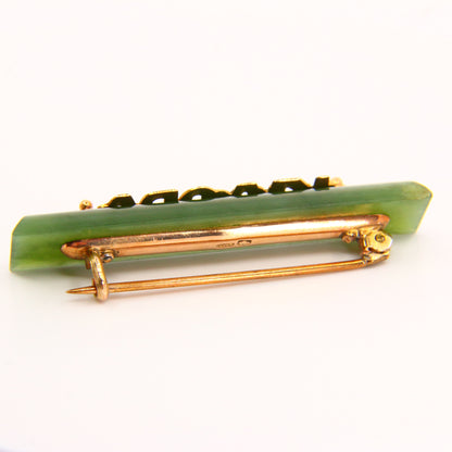 Vintage Kia Ora 9ct Jade Bar Brooch New Zealand Pounamu Yellow Gold NZ